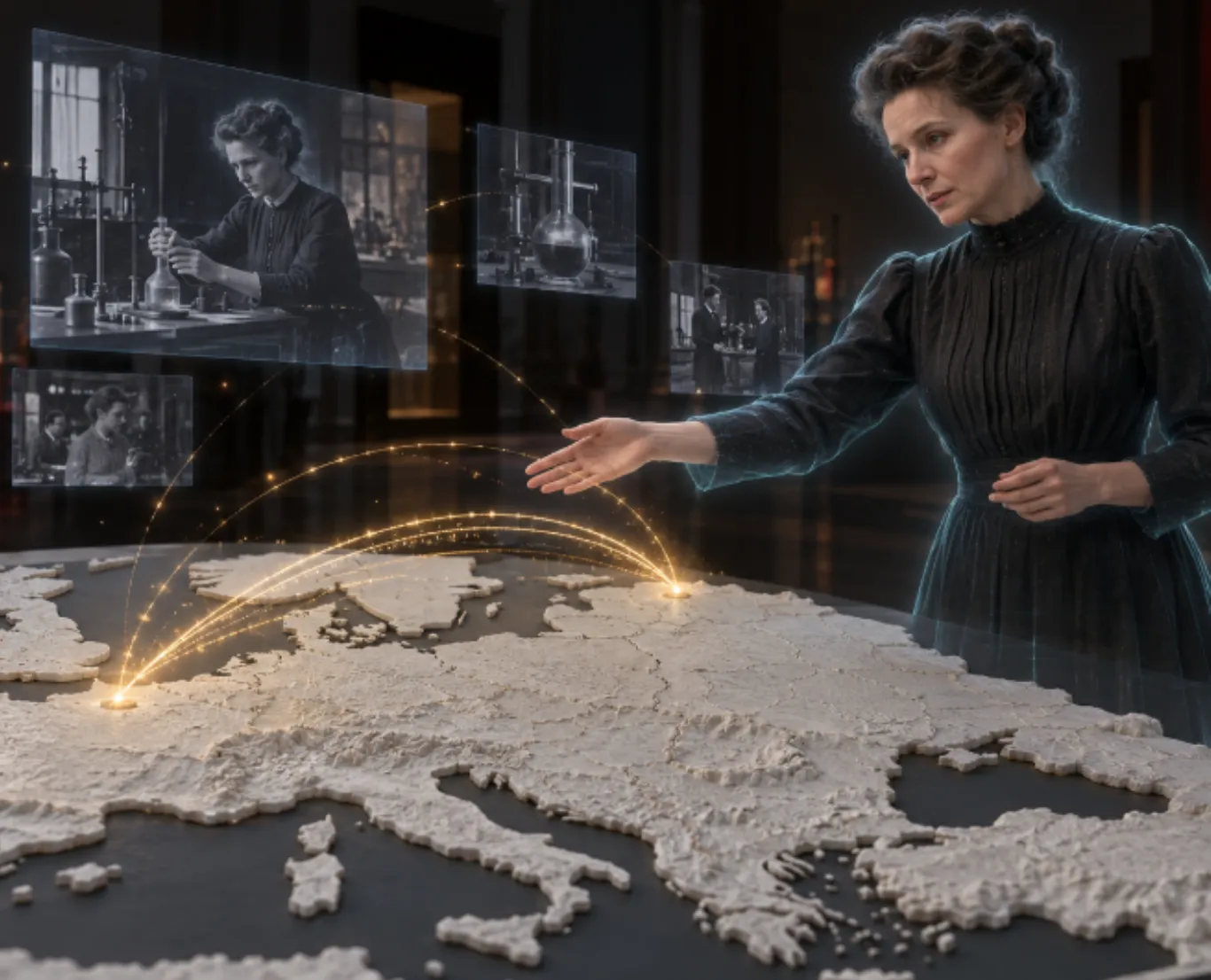 Marie Curie as a hologram above the model