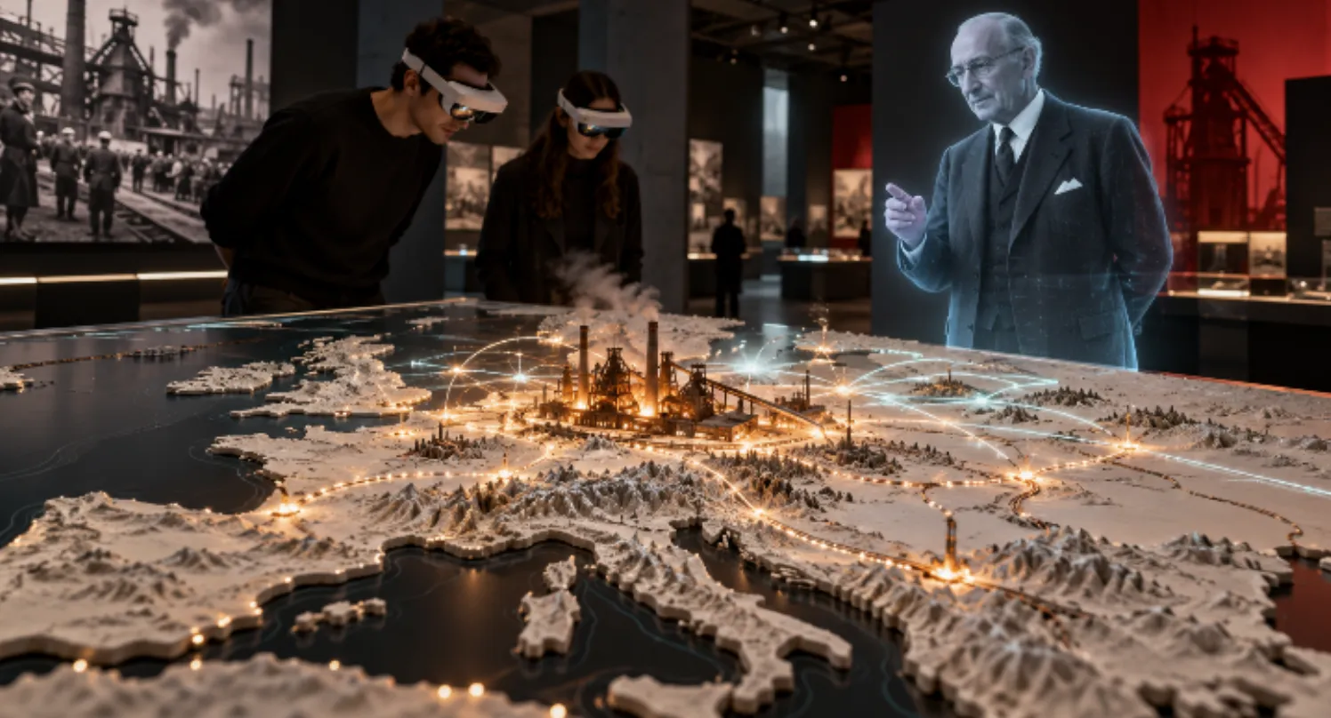 Robert Schuman as a hologram next to the model