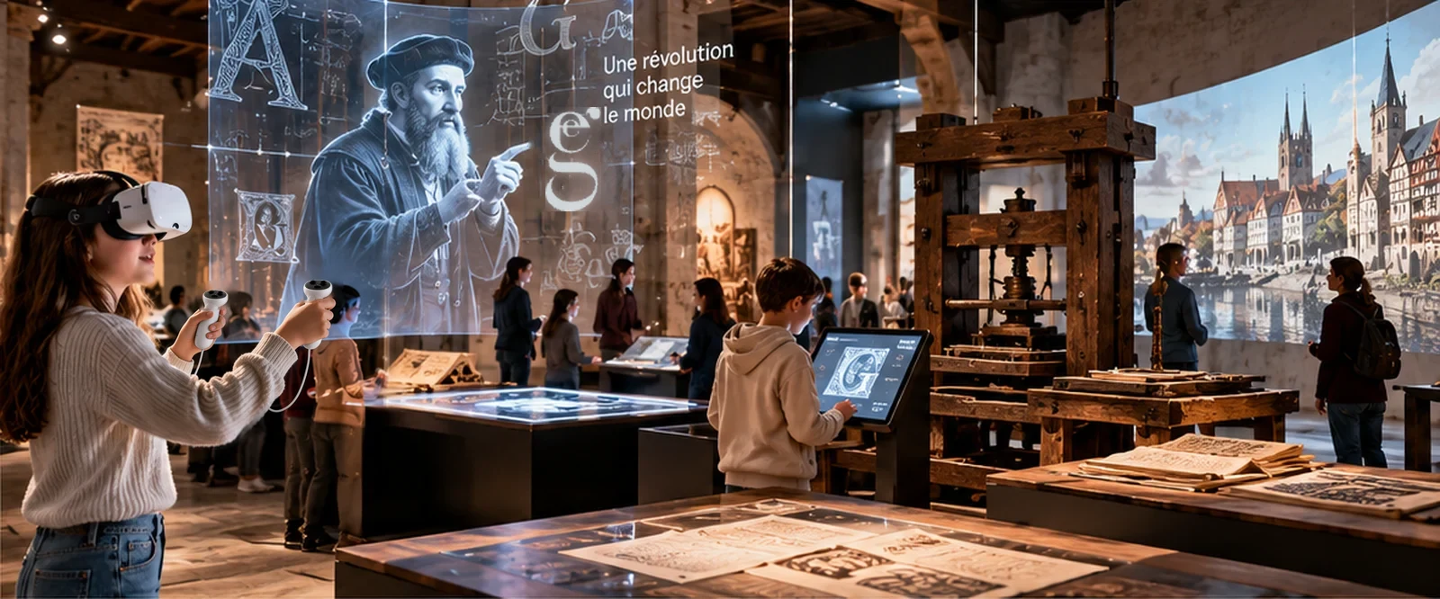 Visitors in VR headsets and at touch screens in a printing museum, with a holographic Gutenberg and a wooden printing press