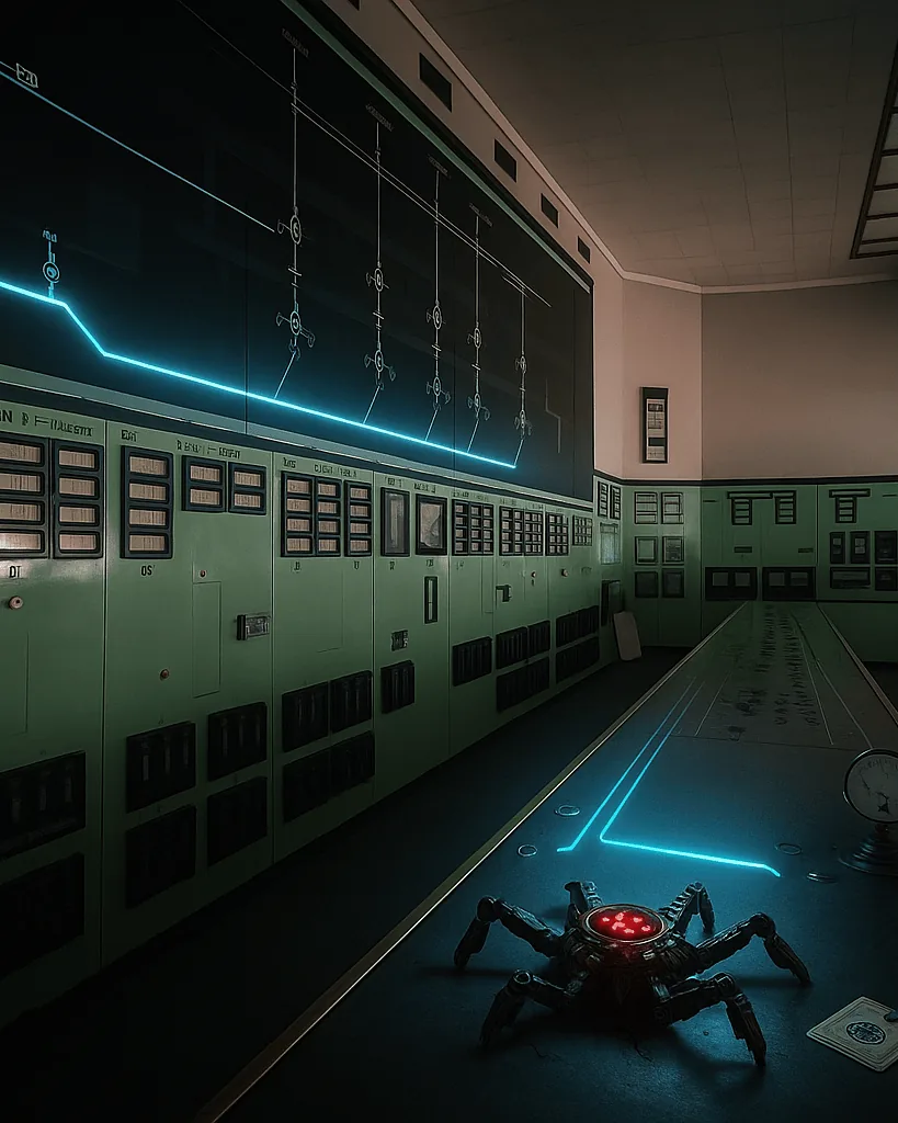 The Chandoline control room with a glowing circuit and a spider robot (AI-generated concept view)