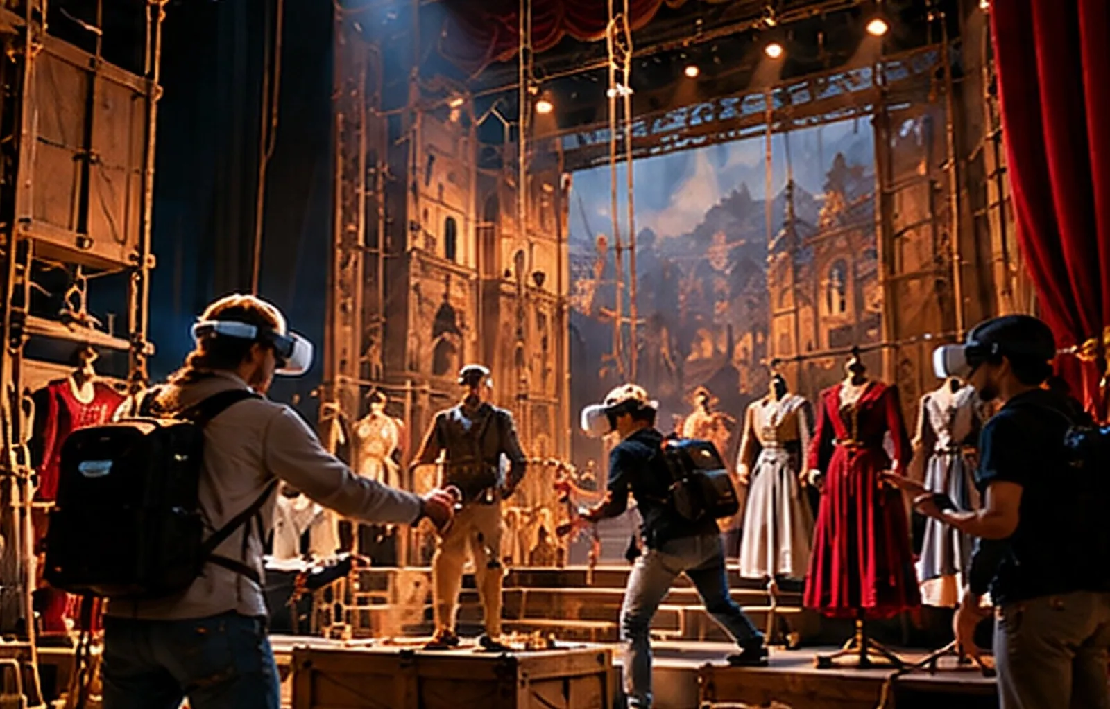 Team in VR headsets preparing a performance backstage among costumes and scenery