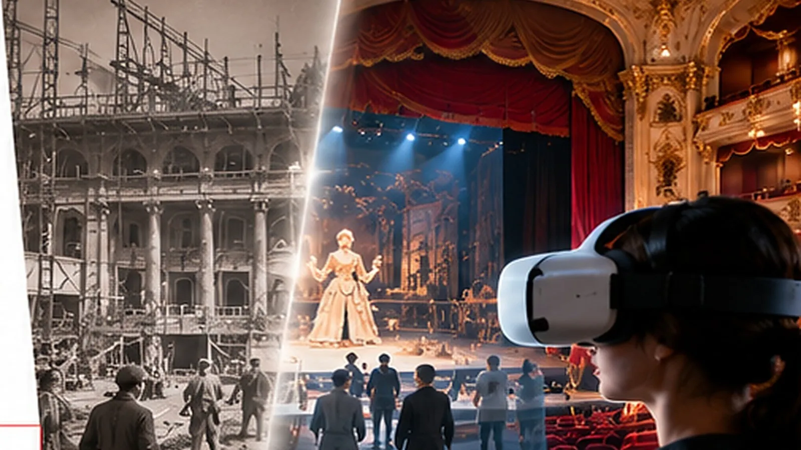 Split view of the theatre in the past and today, seen through a VR headset