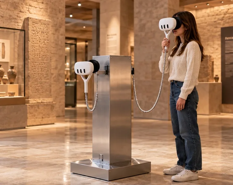 Visitor using a Chronoscope XR station with handheld headsets in a museum